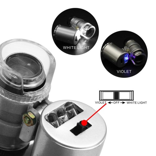 Pocket Microscope 60x Magnification Portable Pocket Microscope Mini LED Currency Detecting Jewelers Loupe